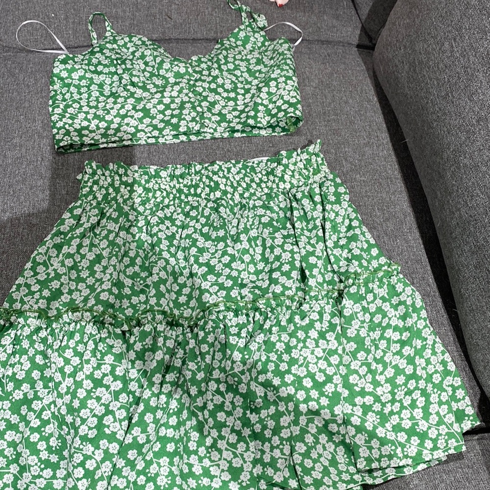 Green Floral Crop Top and Tiered Skirt Set